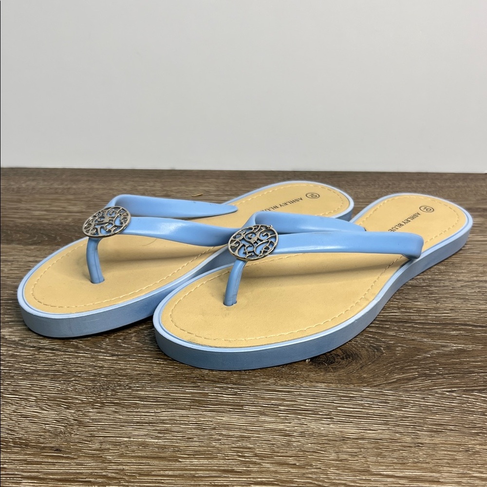 Ashley Blue Flip Flop Sandals | Light Blue Thong Sandals | Medallion Detail | 10